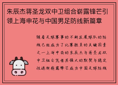 朱辰杰蒋圣龙双中卫组合崭露锋芒引领上海申花与中国男足防线新篇章 朱辰杰蒋圣龙双中卫组合崭露锋芒引领上海申花与中国男足防线新篇章